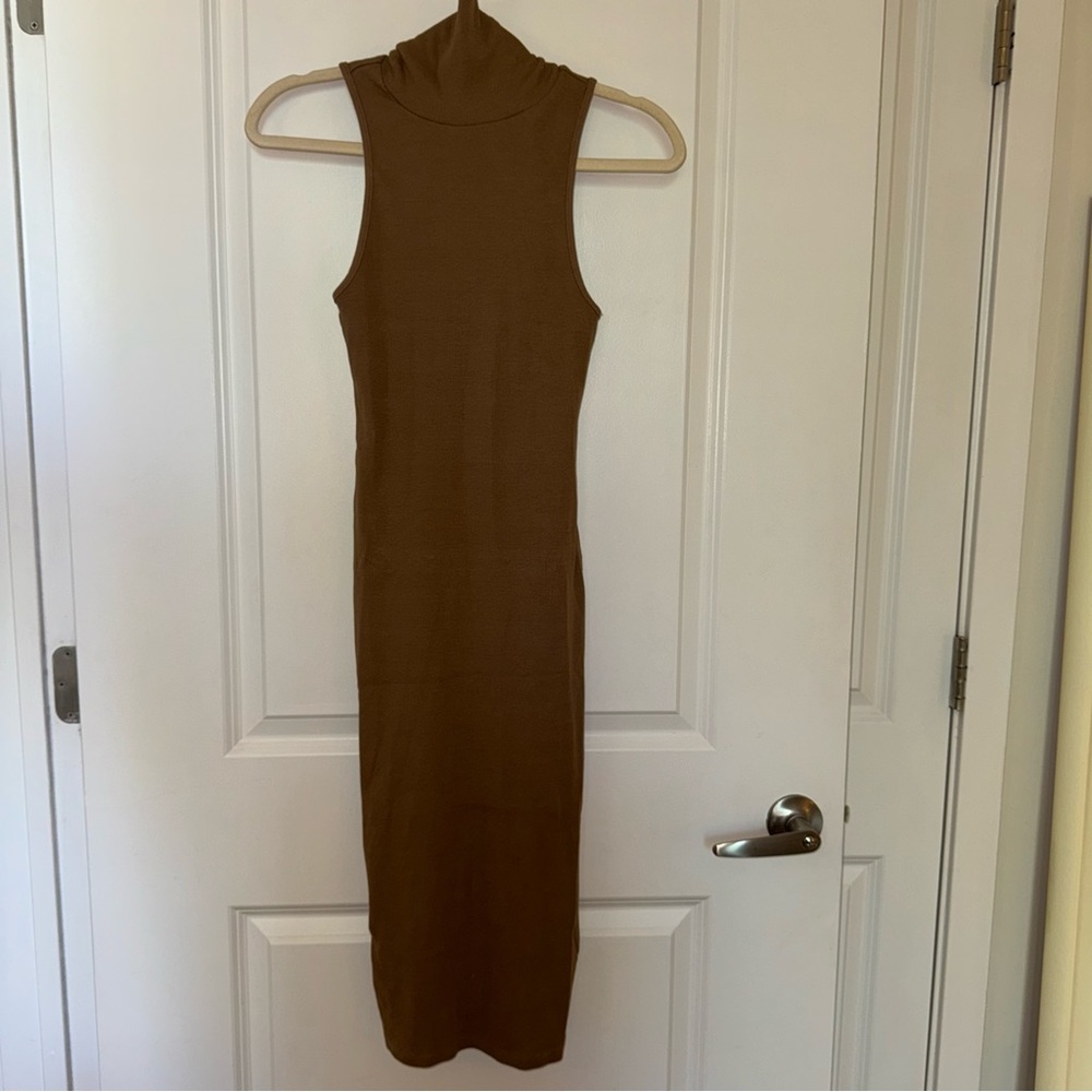 Zara Brown Ribbed Mock Neck Midi Dress